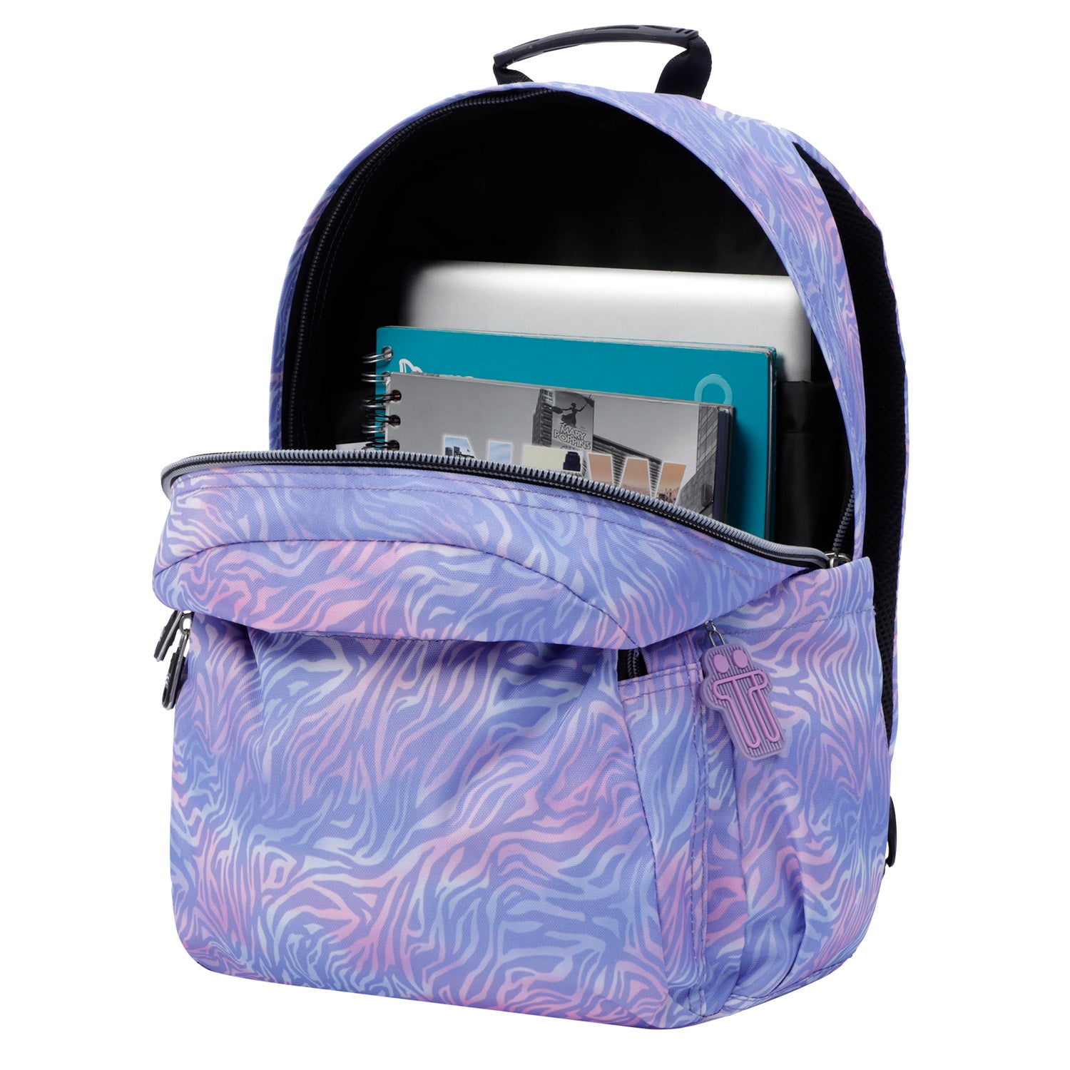 Mochila escolar adaptable a carro morado cebra - Acuareles