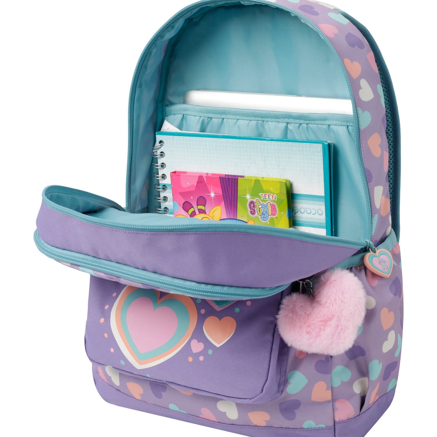 Mochila escolar morado y corazones - Glony
