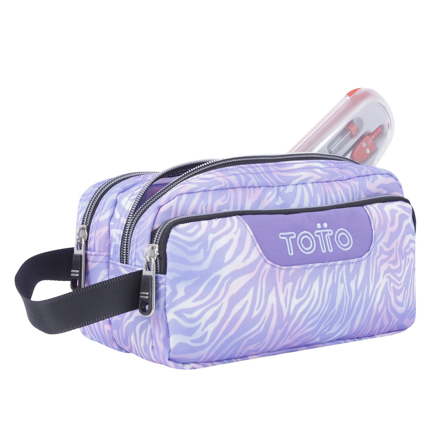 Estuche escolar tres compartimentos morado cebra - Agapec