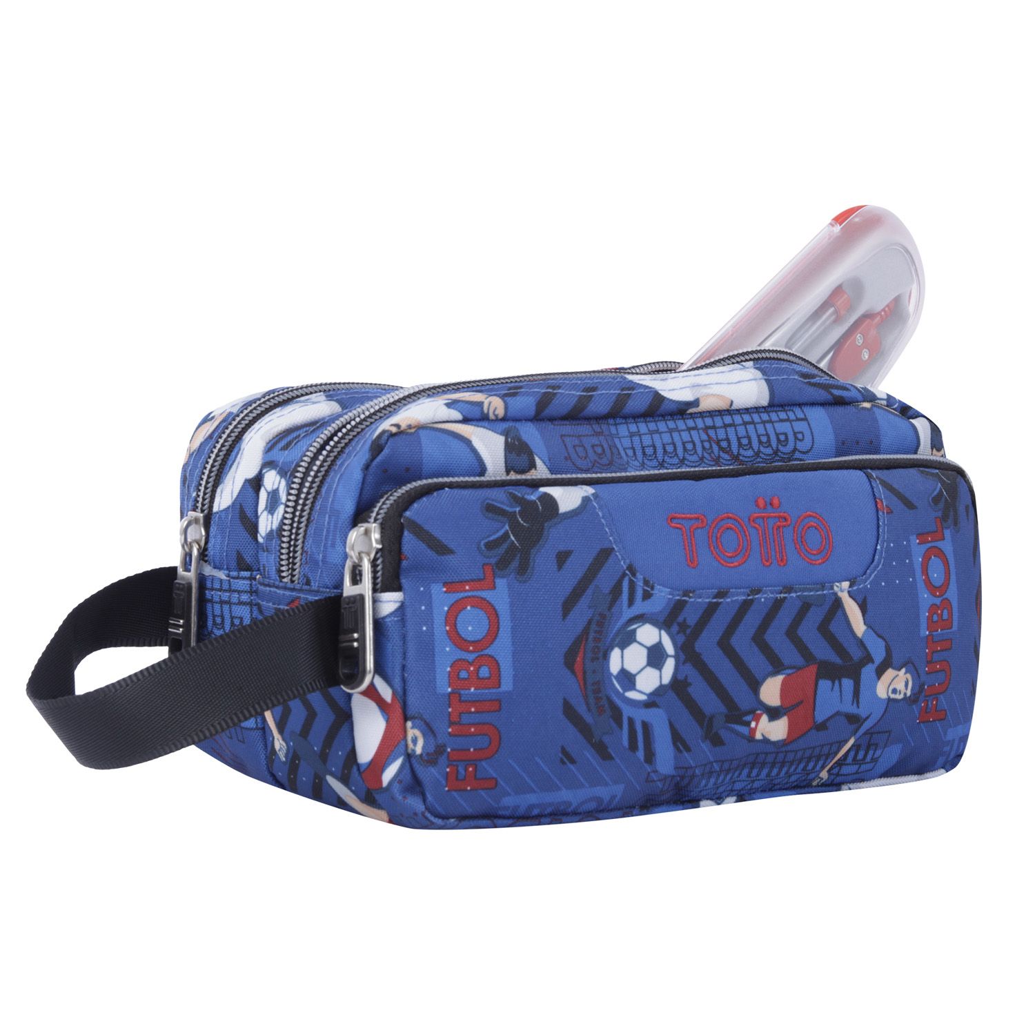 Estuche escolar tres compartimentos azul y futbolistas - Agapec