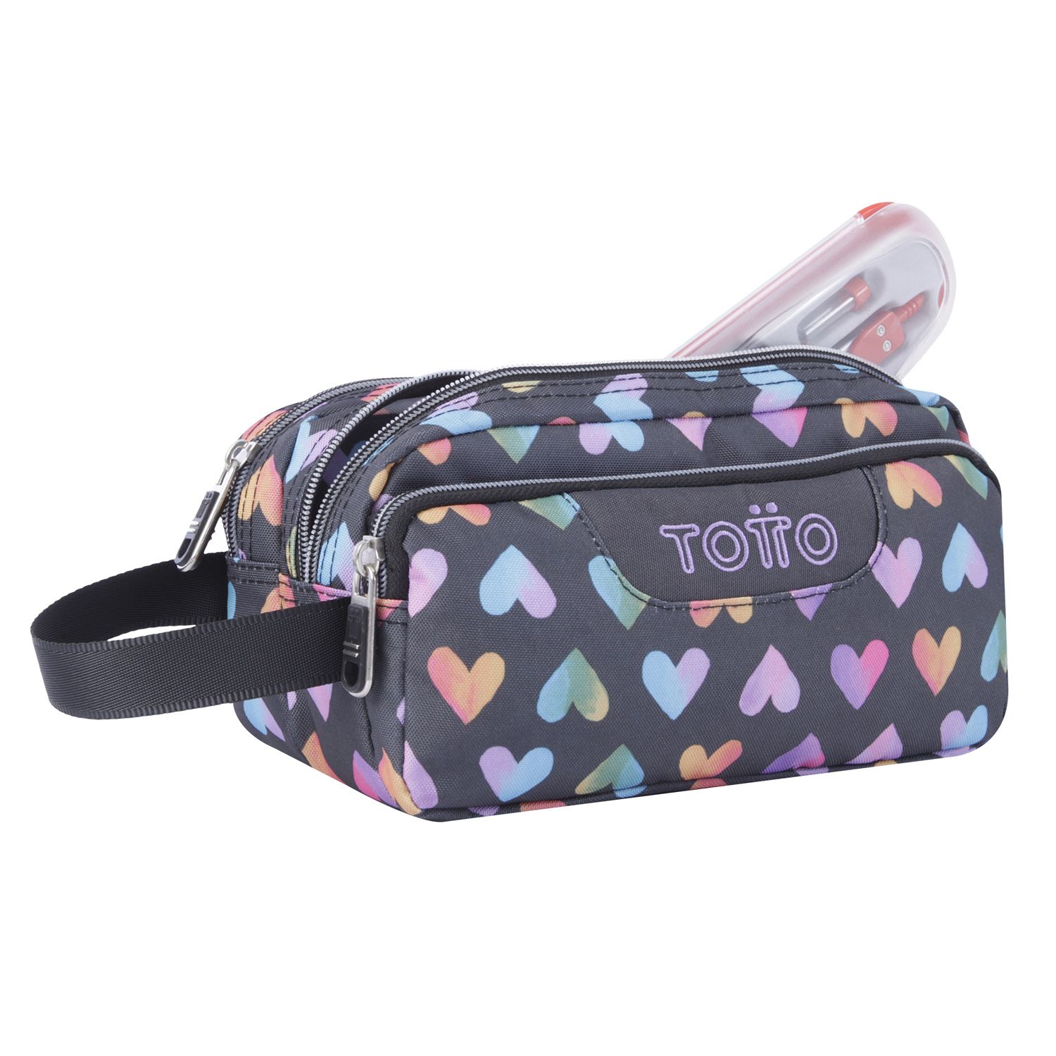 Estuche escolar tres compartimentos corazones multicolor - Agapec