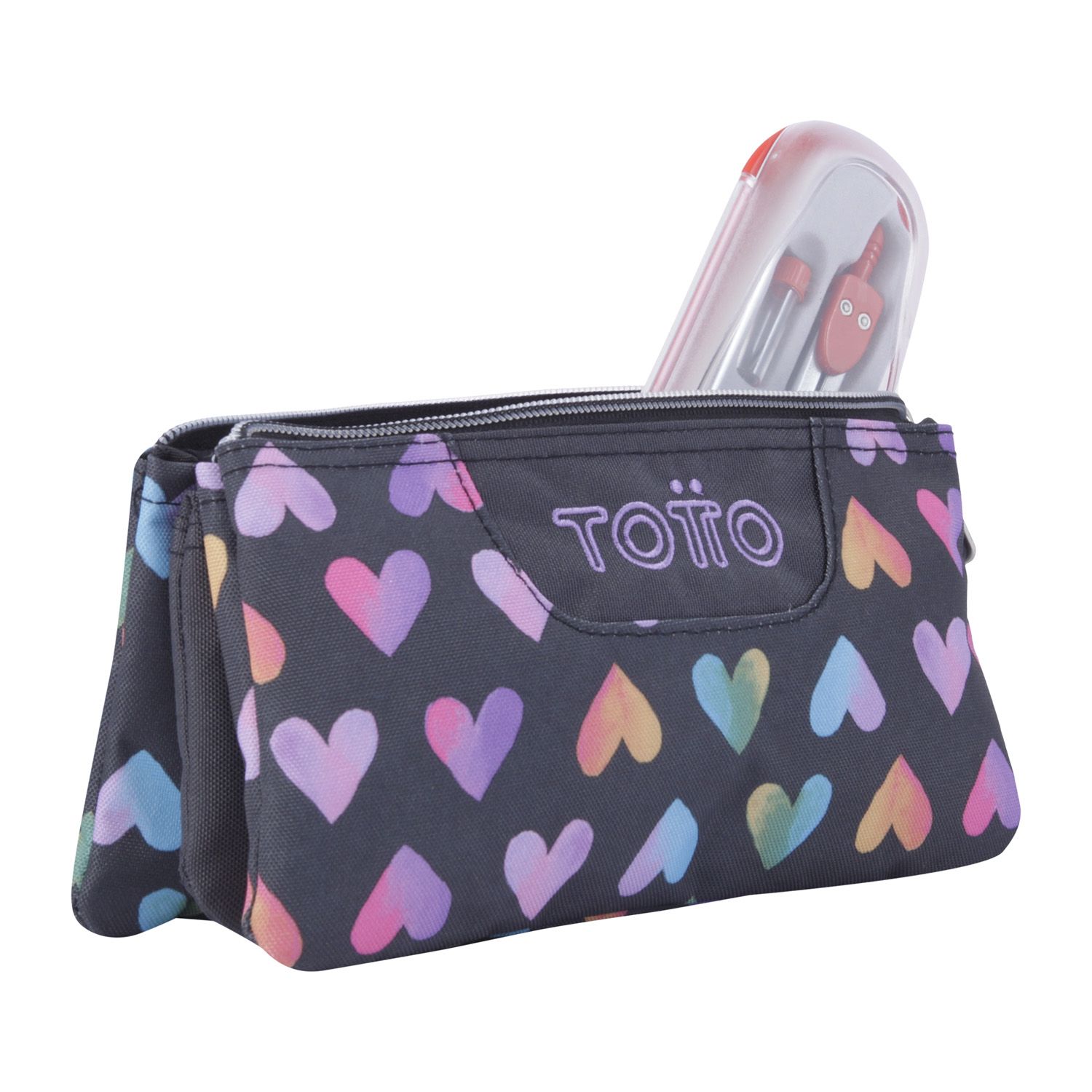 Estuche escolar tres compartimentos corazones multicolor - Tablero