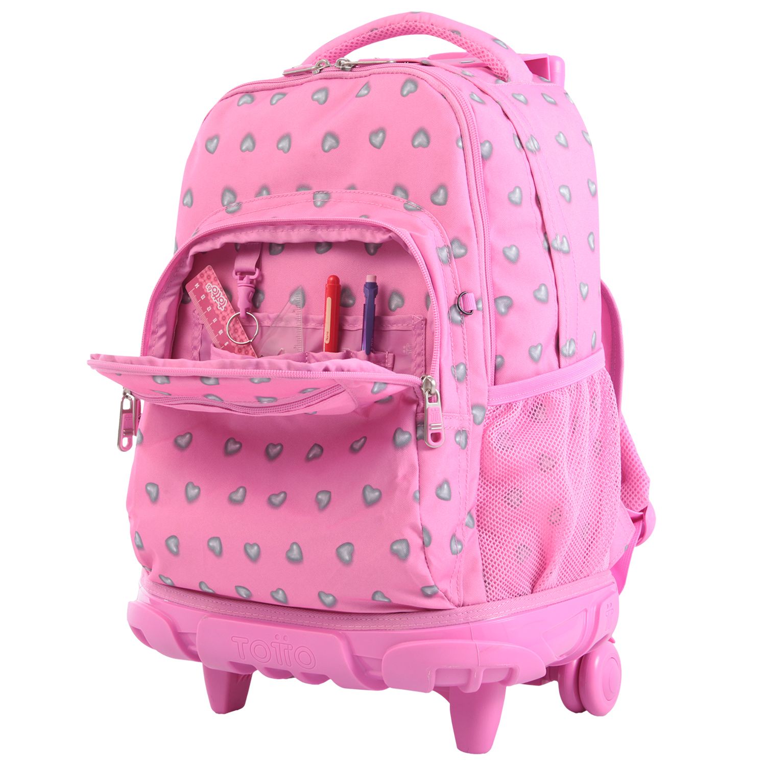 Mochila escolar con ruedas corazones rosas - Renglones
