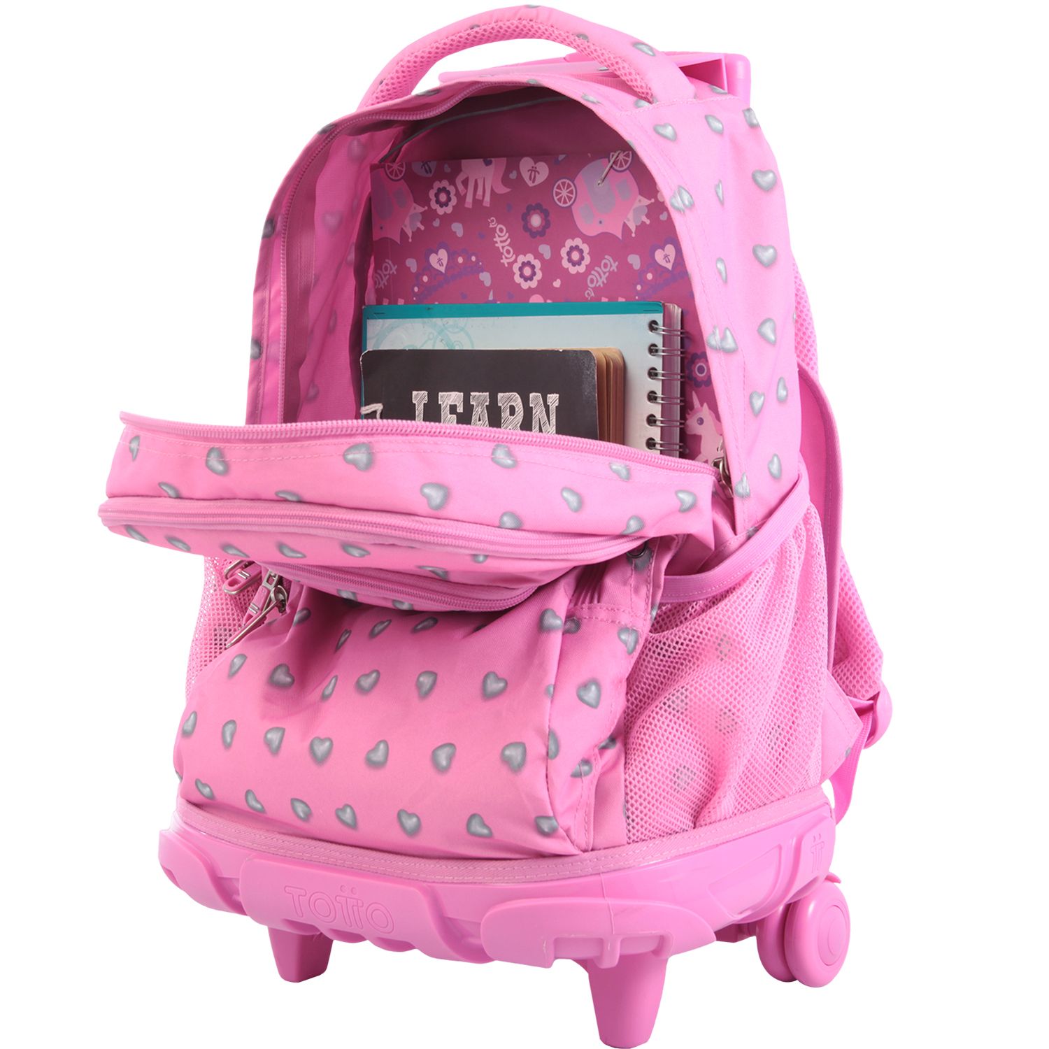 Mochila escolar con ruedas corazones rosas - Renglones
