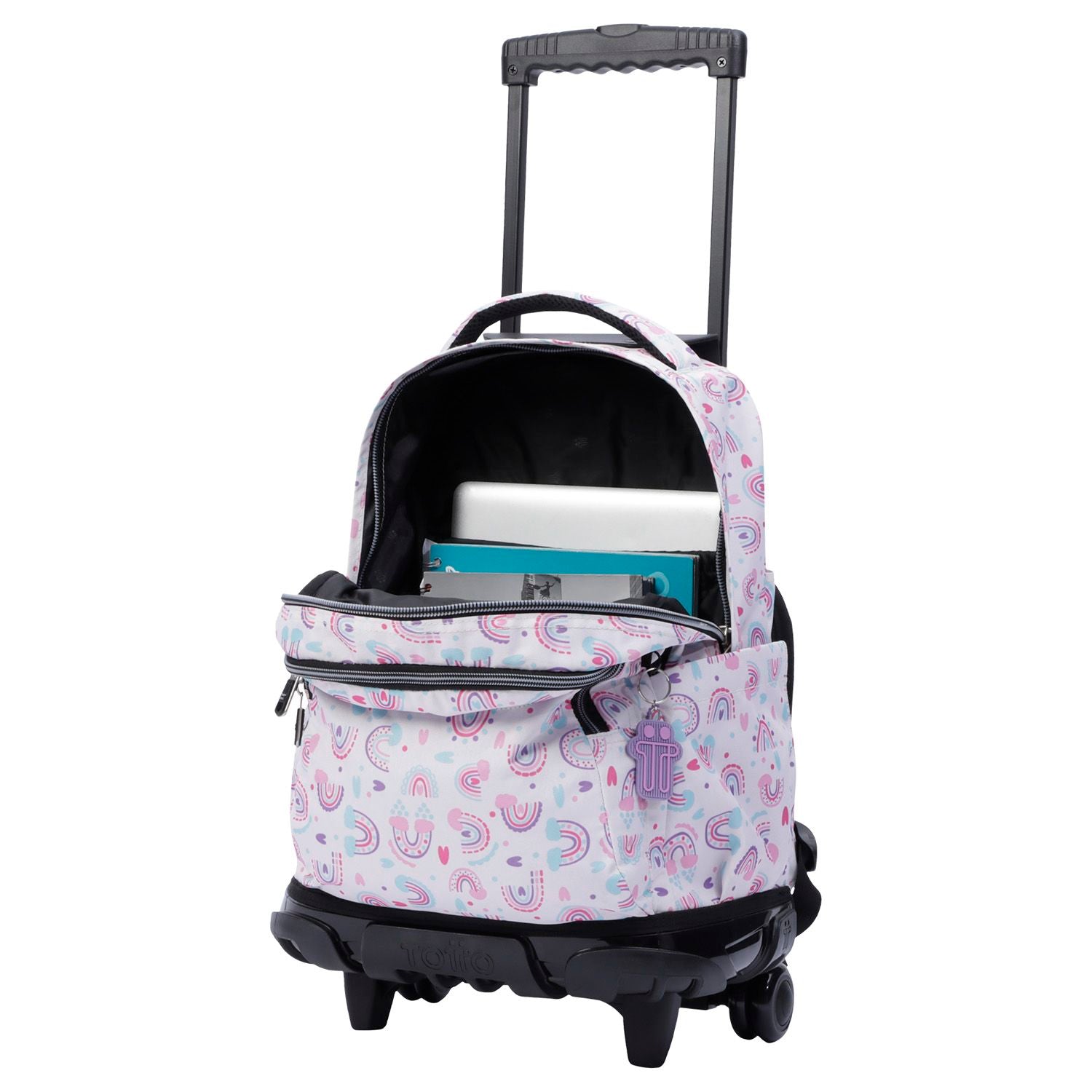 Mochila escolar con ruedas blanco y arcoíris rosa - Renglones