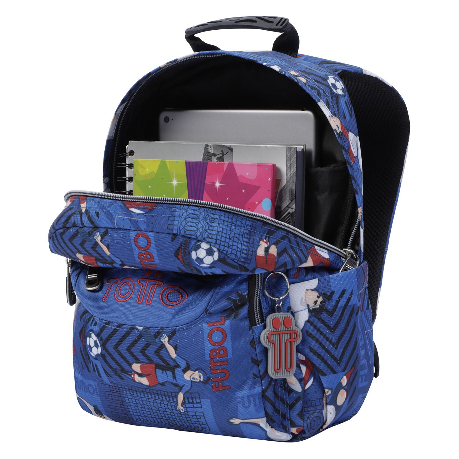 Mochila escolar azul y futbolistas - Tempera