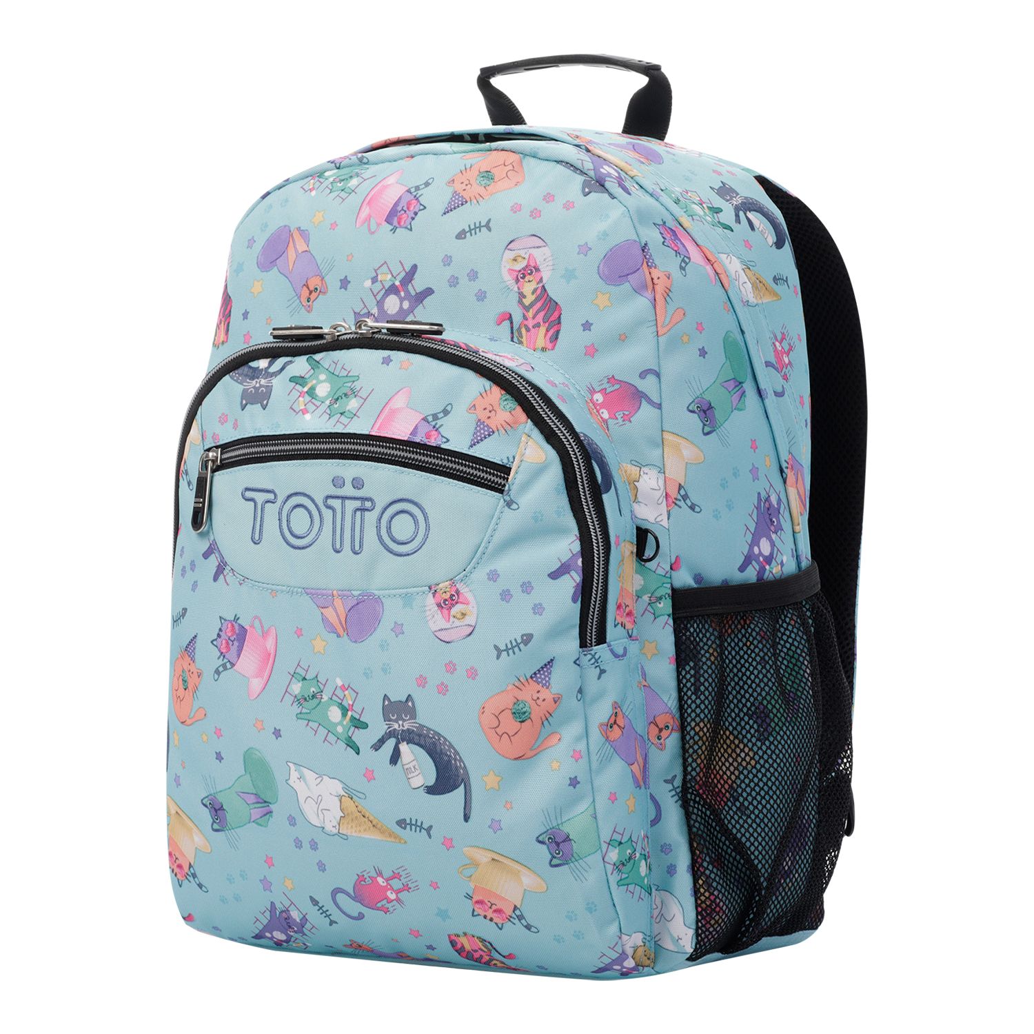 Mochila escolar adaptable a carro azul y gatitos - Acuareles