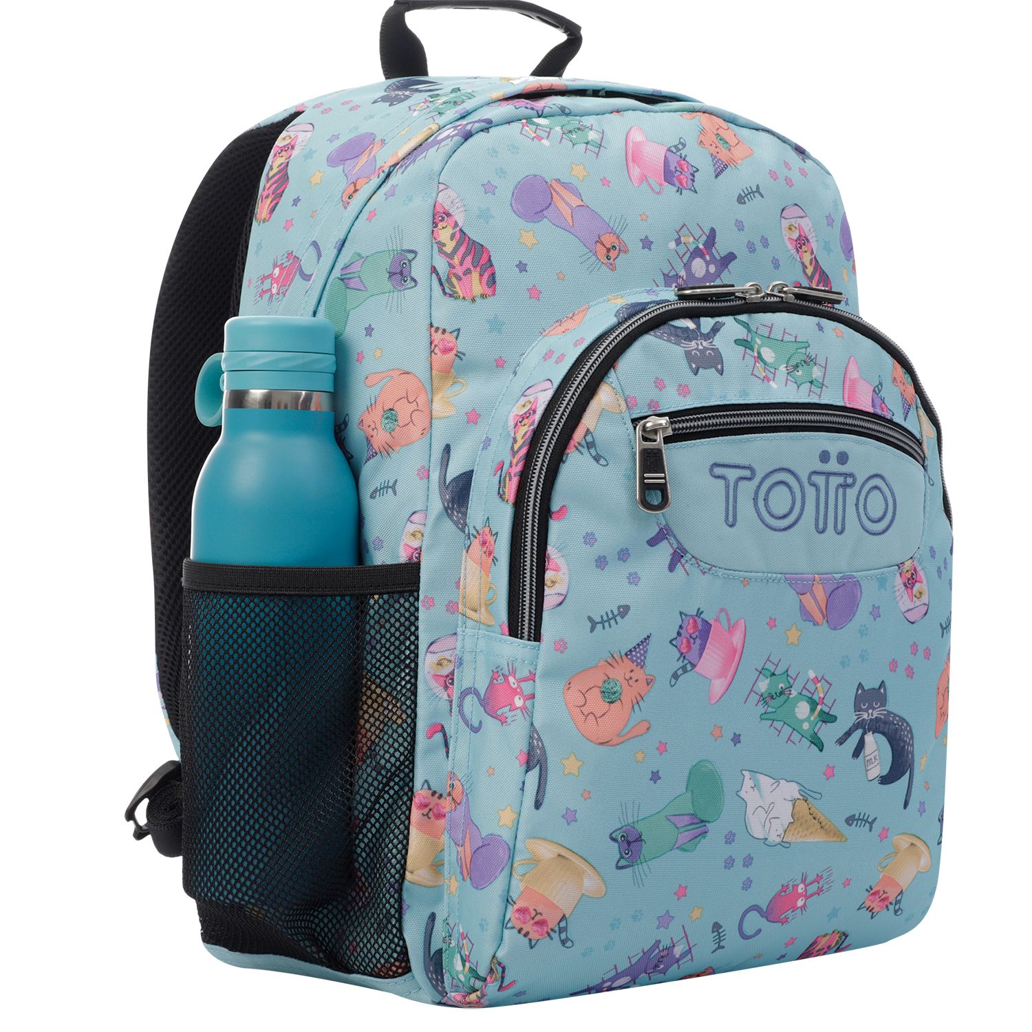 Mochila escolar adaptable a carro azul y gatitos - Acuareles