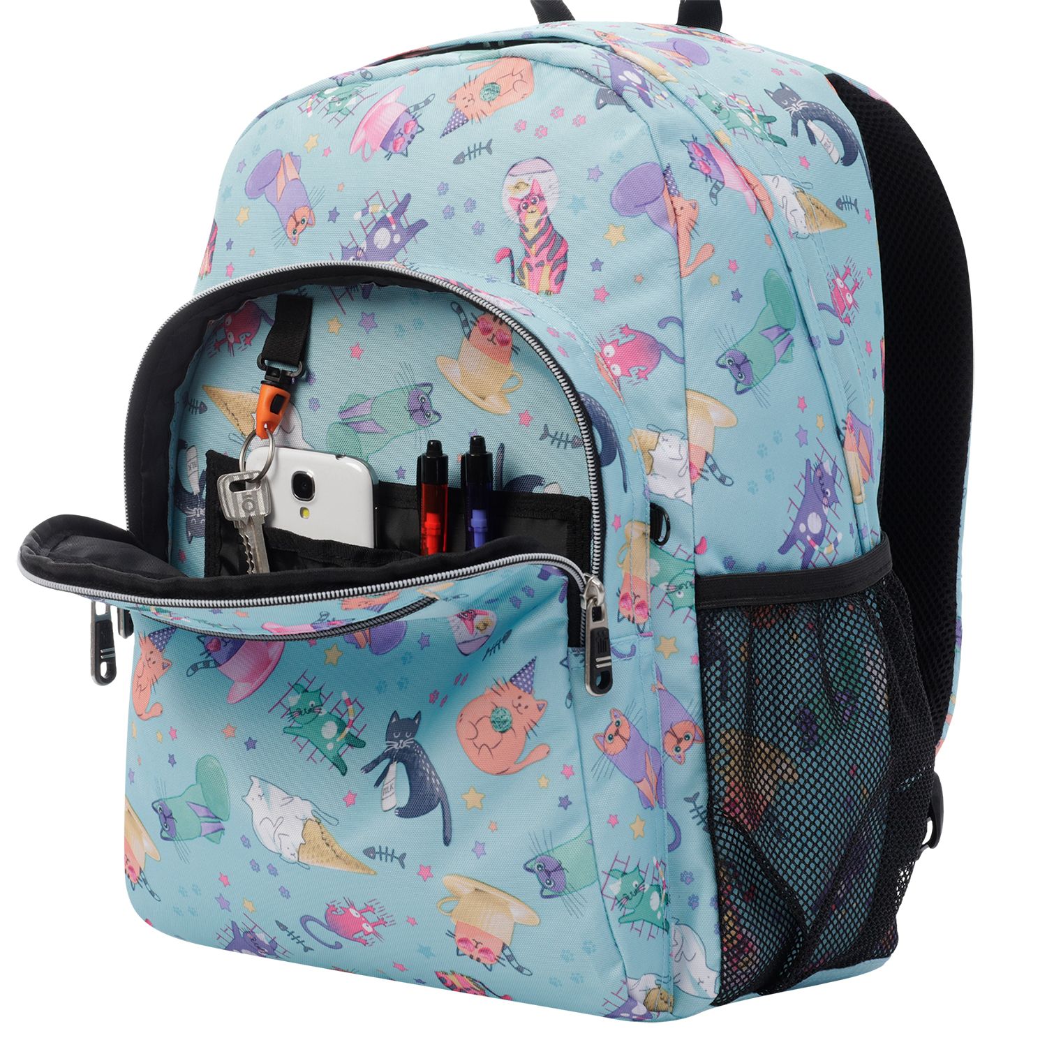Mochila escolar adaptable a carro azul y gatitos - Acuareles