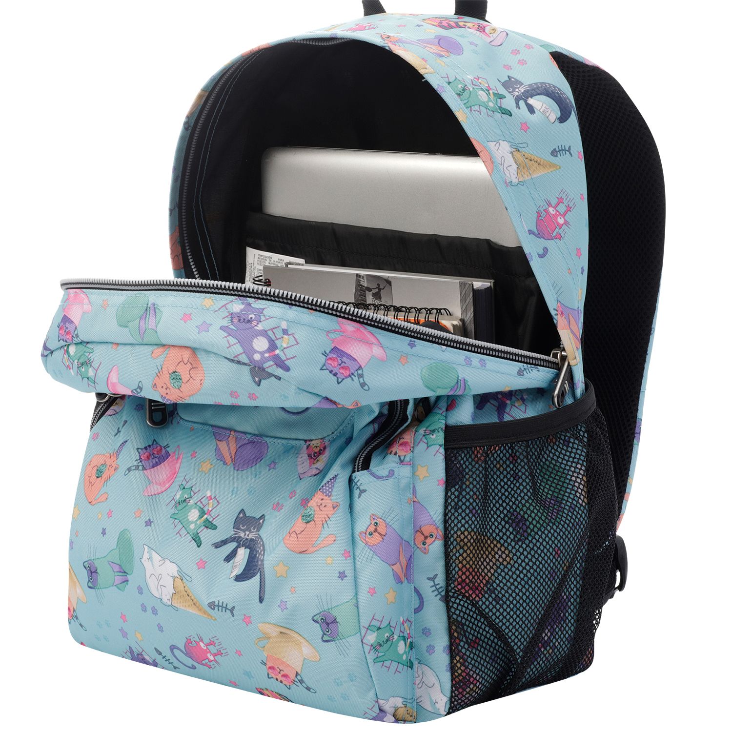 Mochila escolar adaptable a carro azul y gatitos - Acuareles