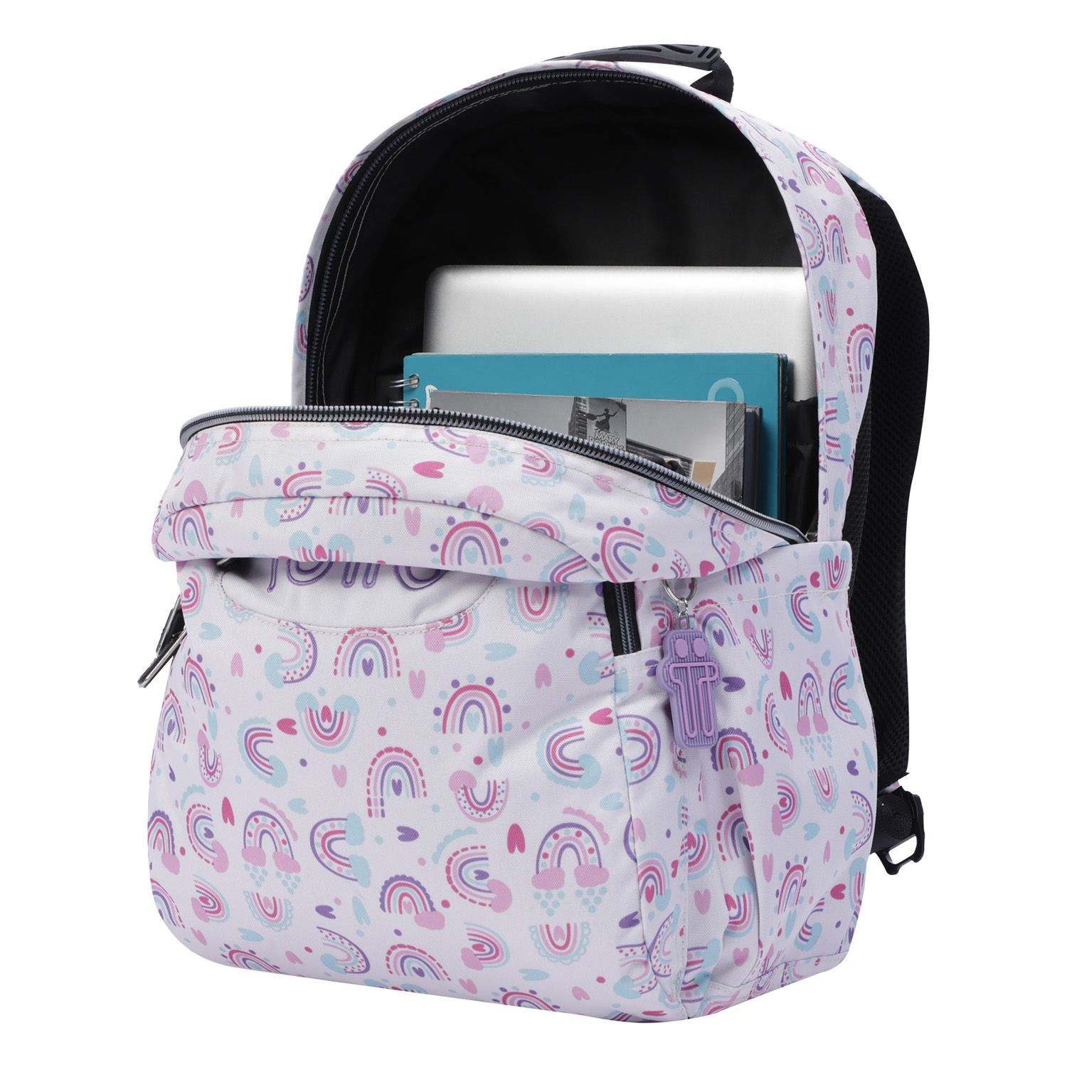 Mochila escolar adaptable a carro blanco y arcoíris rosa - Acuareles