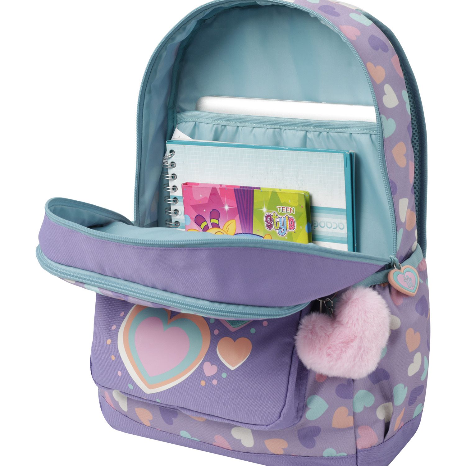 Mochila escolar morado y corazones - Glony